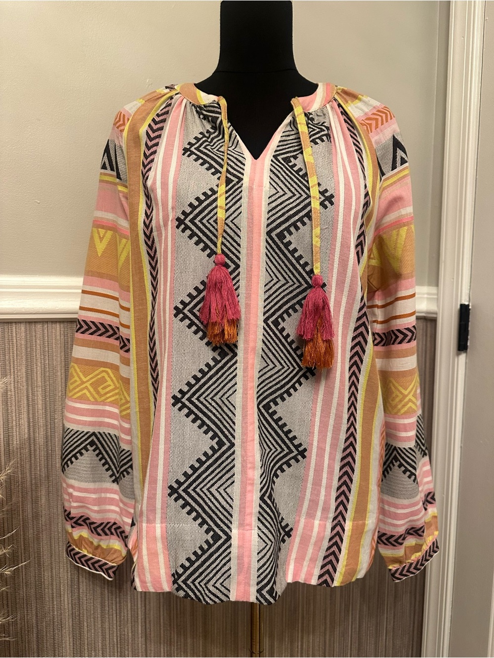 Tribal Jeans NWT Boho Geometric Tassel Blouse Pink Black Cotton Top S